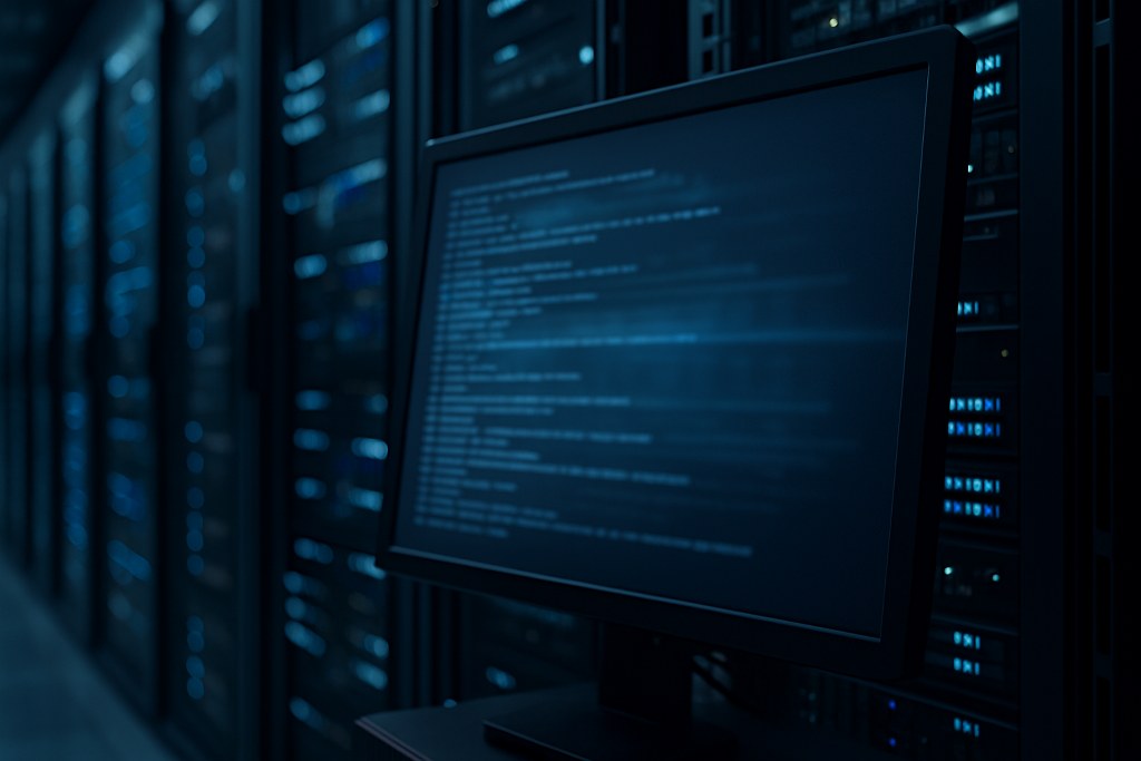 Realistic server monitor displaying a blurred OS terminal inside a data center.