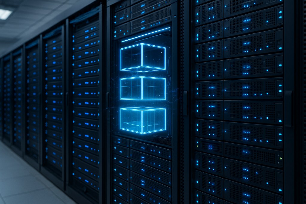 Realistic server room displaying isolated VPS containers glowing inside one rack.