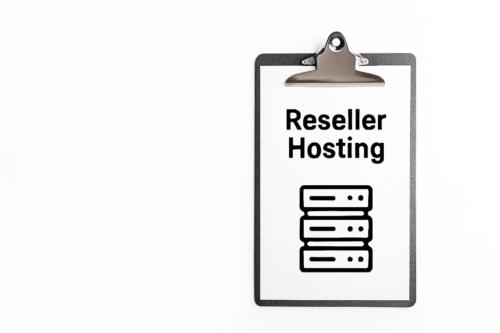 Reseller hosting concept on a clipboard.