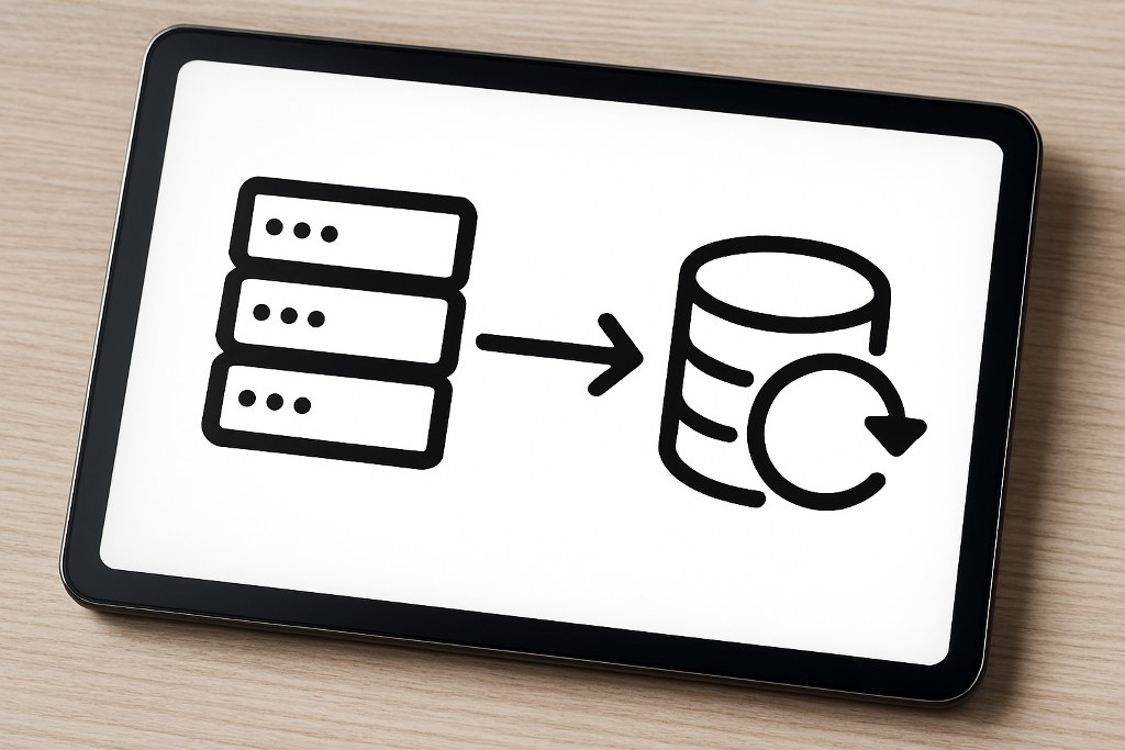 Server storage backup illustration on a tablet.