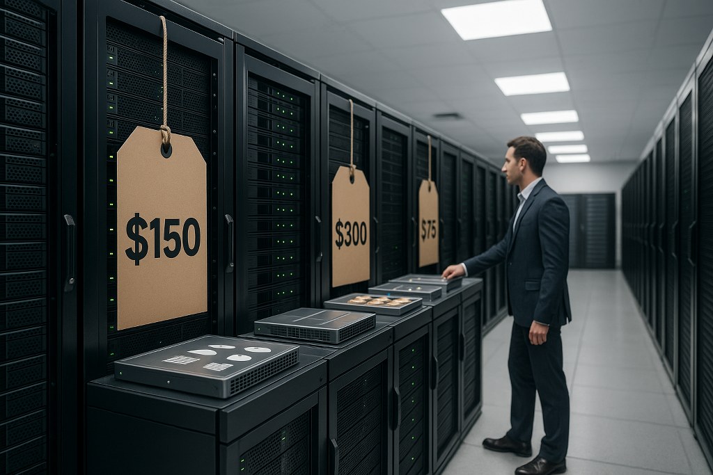 Servers in a data center display large price tags, showing hosting costs.