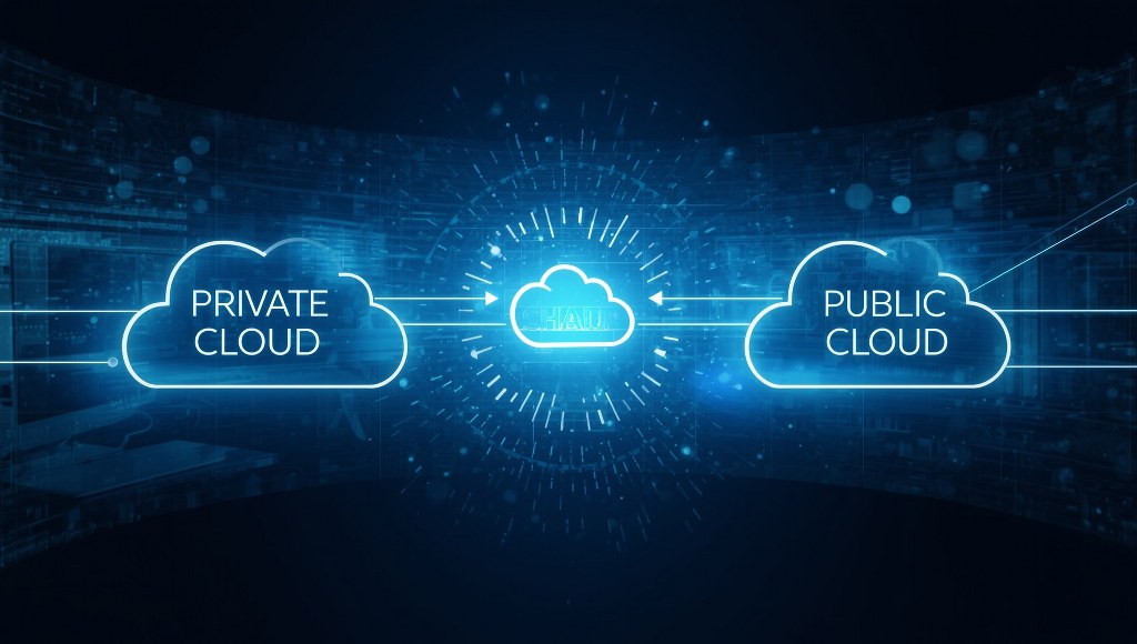 Show two cloud icons — Private Cloud and Public Cloud — connected by bright data lines
