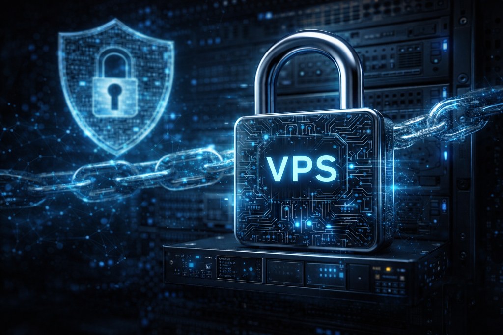Strong encryption secures a virtual private server, protecting data from unauthorized access.
