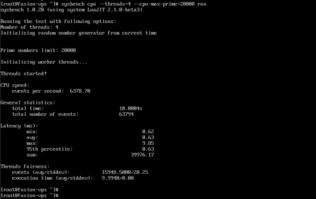 Sysbench CPU testing results screen.