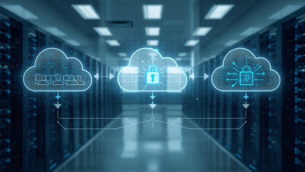 The concept of Public Cloud vs. Private Cloud vs. Hybrid Cloud in a modern tech environment.