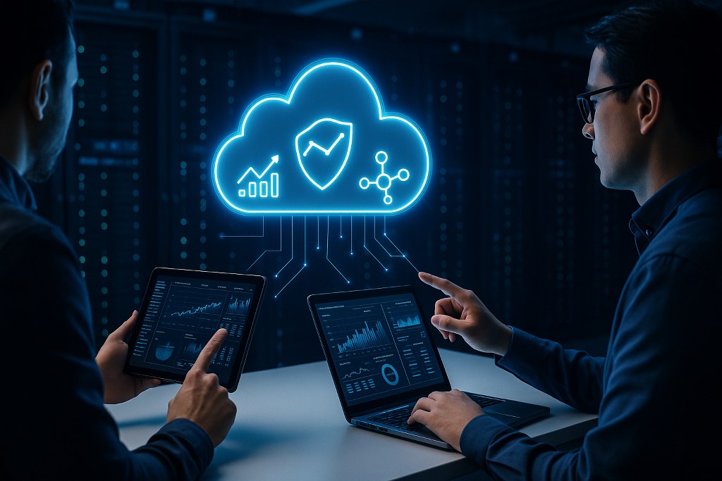 Two IT professionals interact with a glowing holographic cloud interface inside a dark data center, analyzing security, performance, and network data.