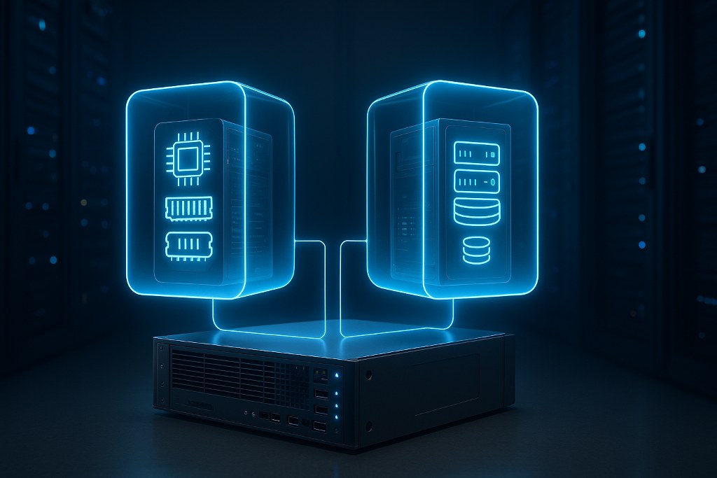 Two isolated virtual servers float above a single physical machine, showing dedicated resources.
