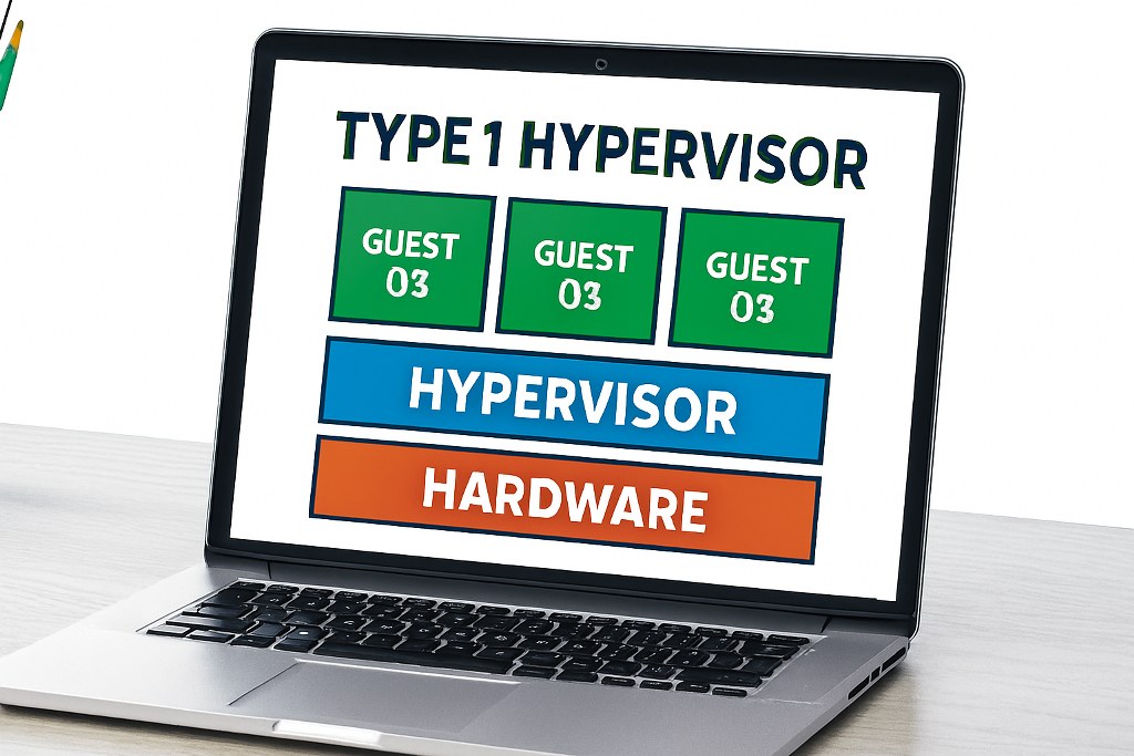 Type 1 hypervisor illustration on a laptop.