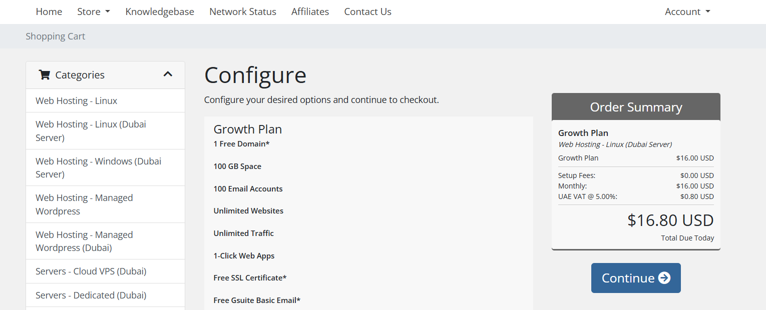 screenshot of the hosting plan configurations