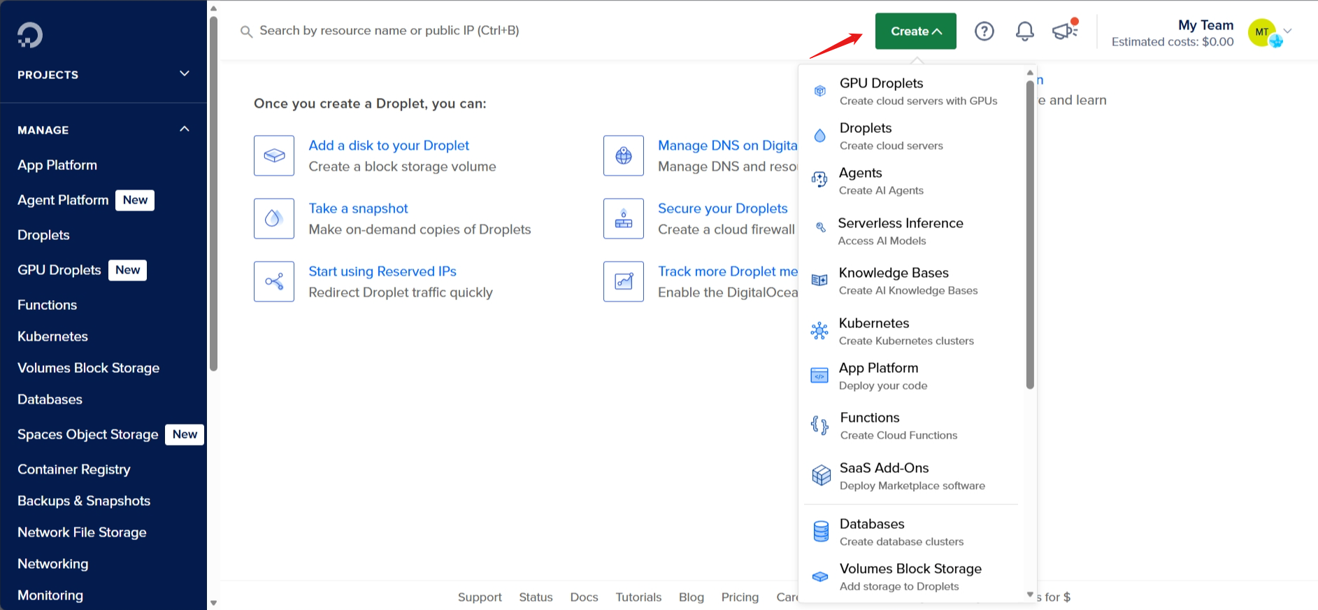 DigitalOcean Cloud Manager page with the 
