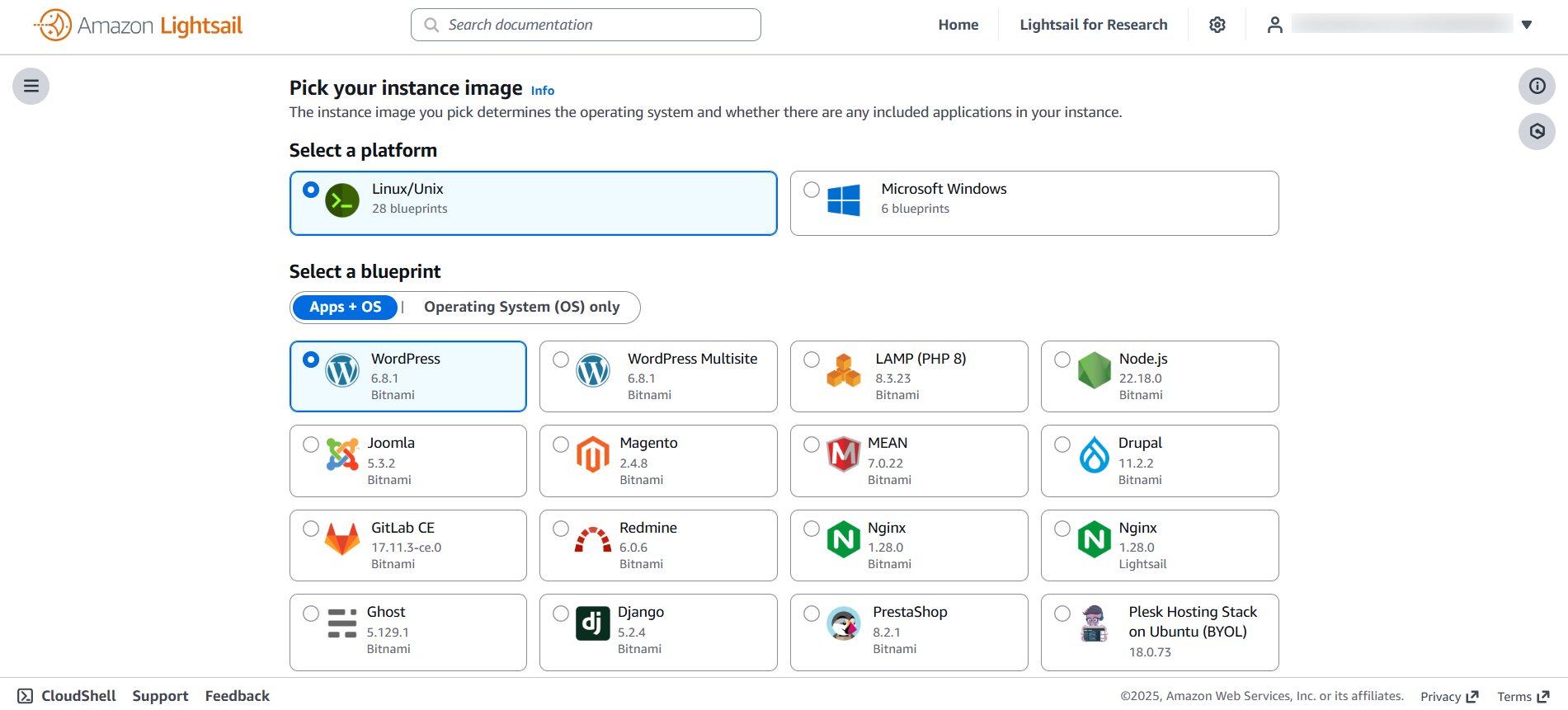 schoosing a platform and blueprint on Amazon Lightsail