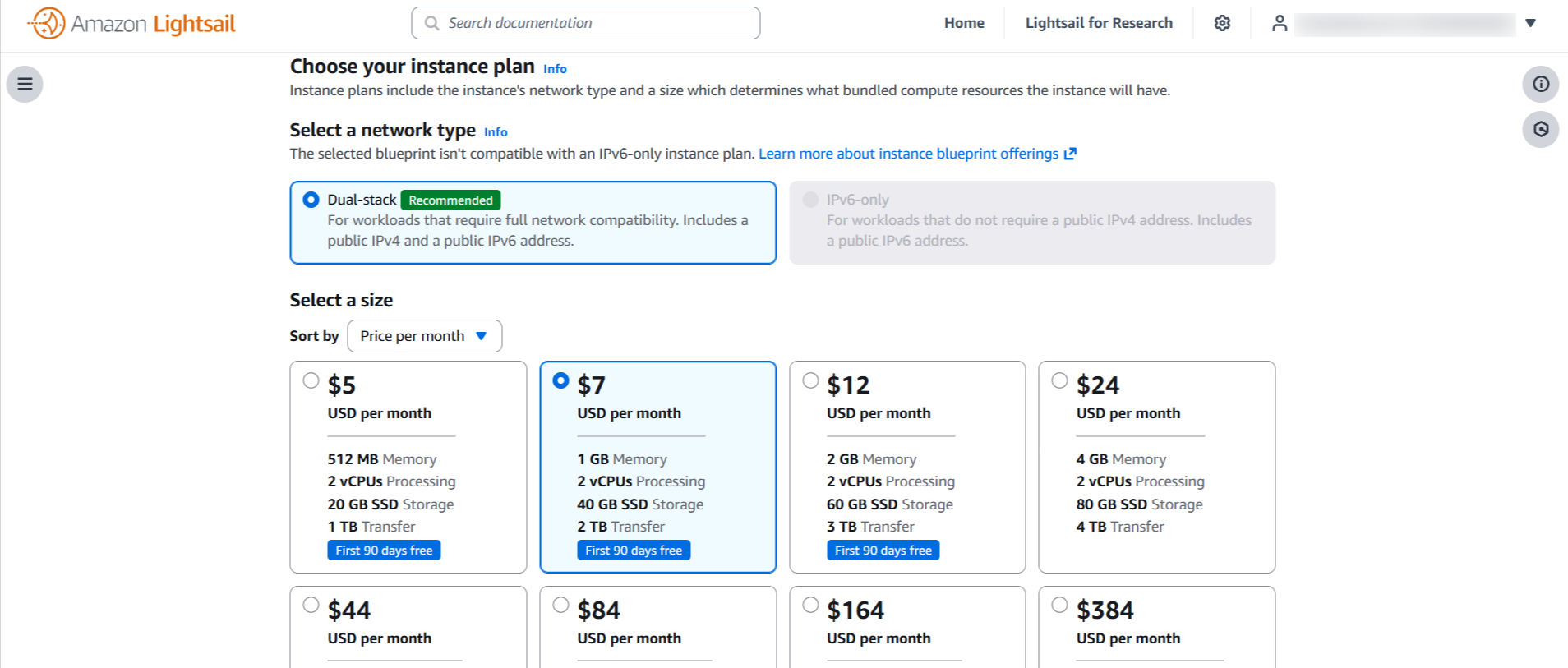Amazon Lightsail instance plans