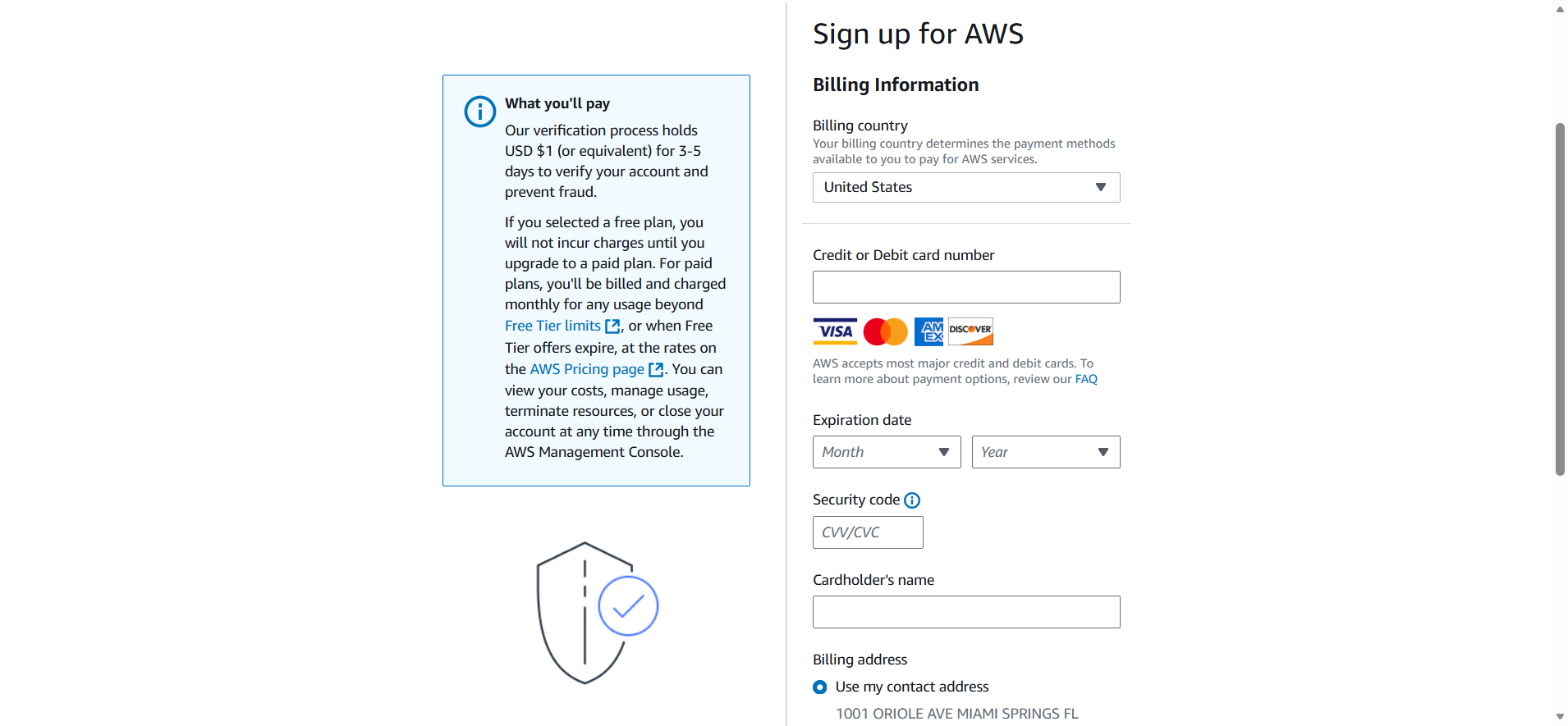 screenshot of AWS Signup form