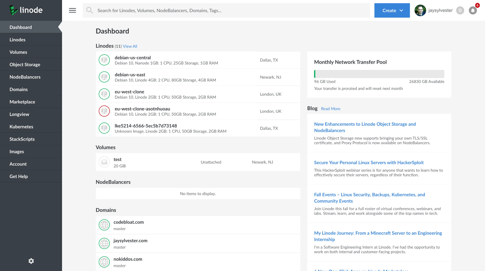 screenshot of Linode Dashboard