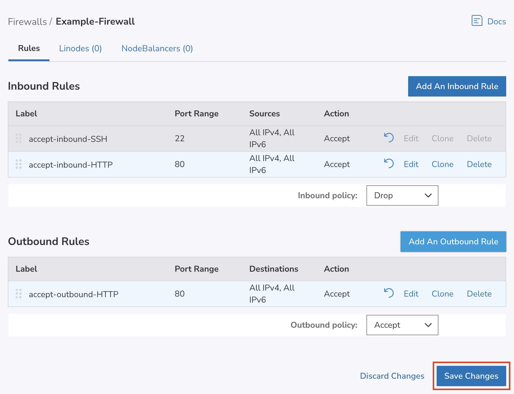 screenshot of Linode Firewalls