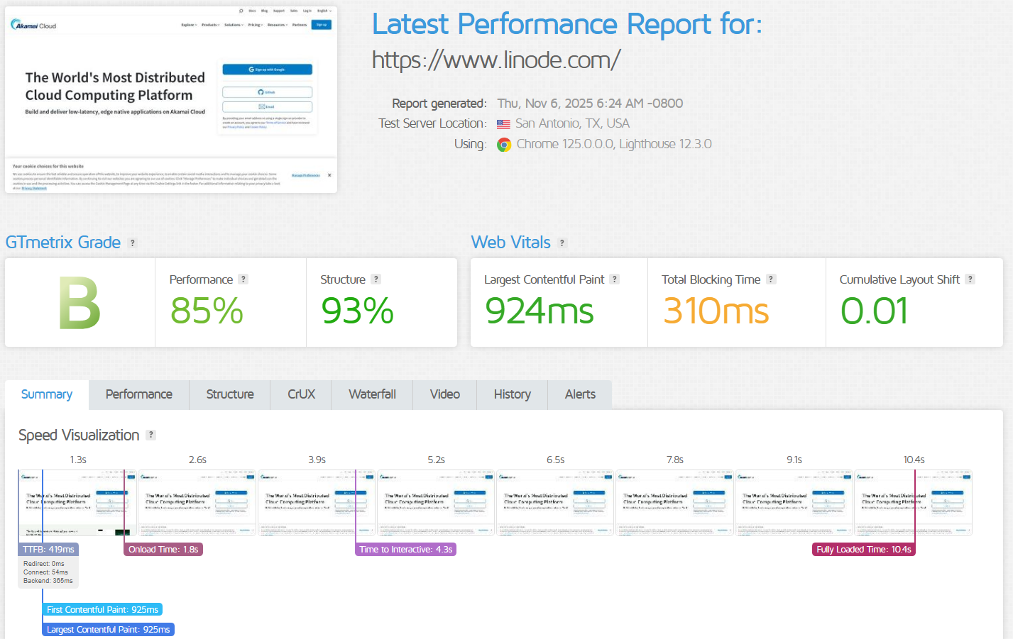 screenshot of Linode Performance Results