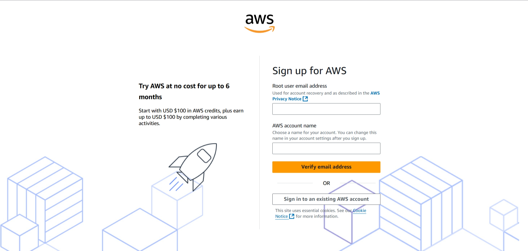 screenshot of AWS Signup window