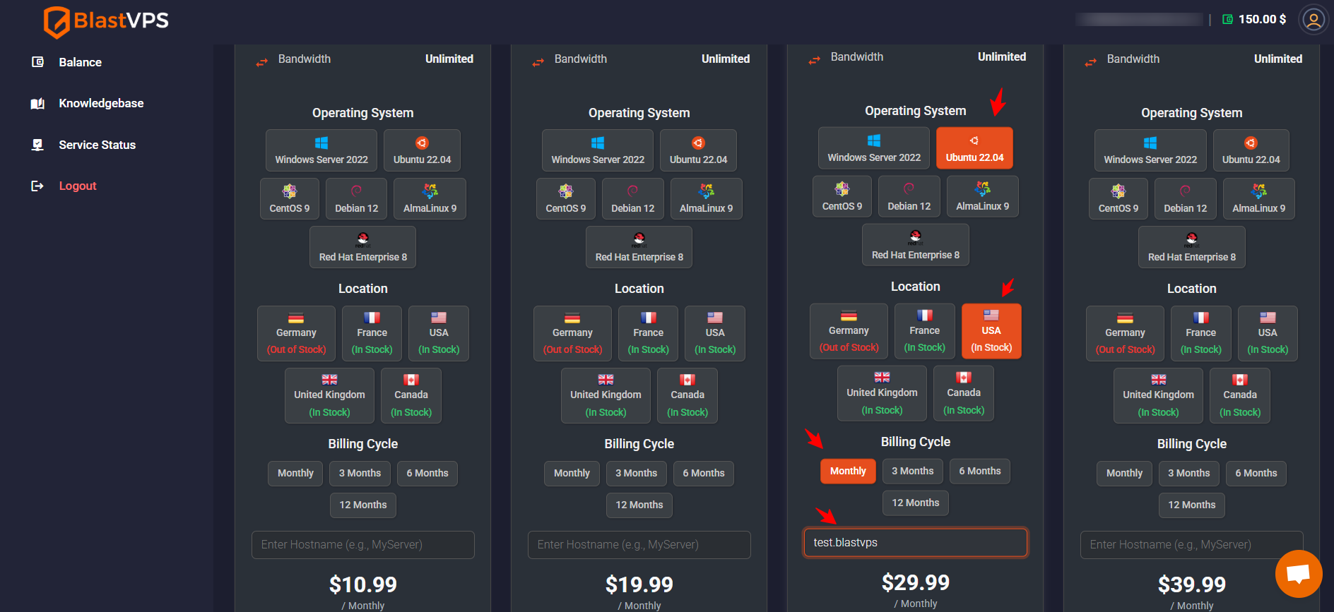screenshot of Hosting plan configurations