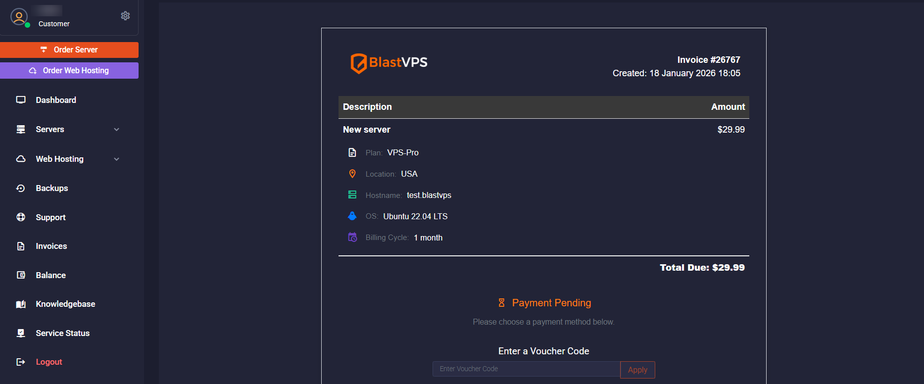 screenshot of the Invoice