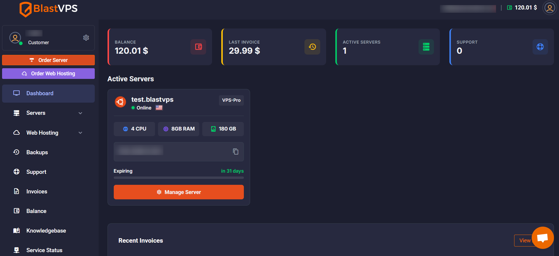 screenshot of BlastVPS dashboard