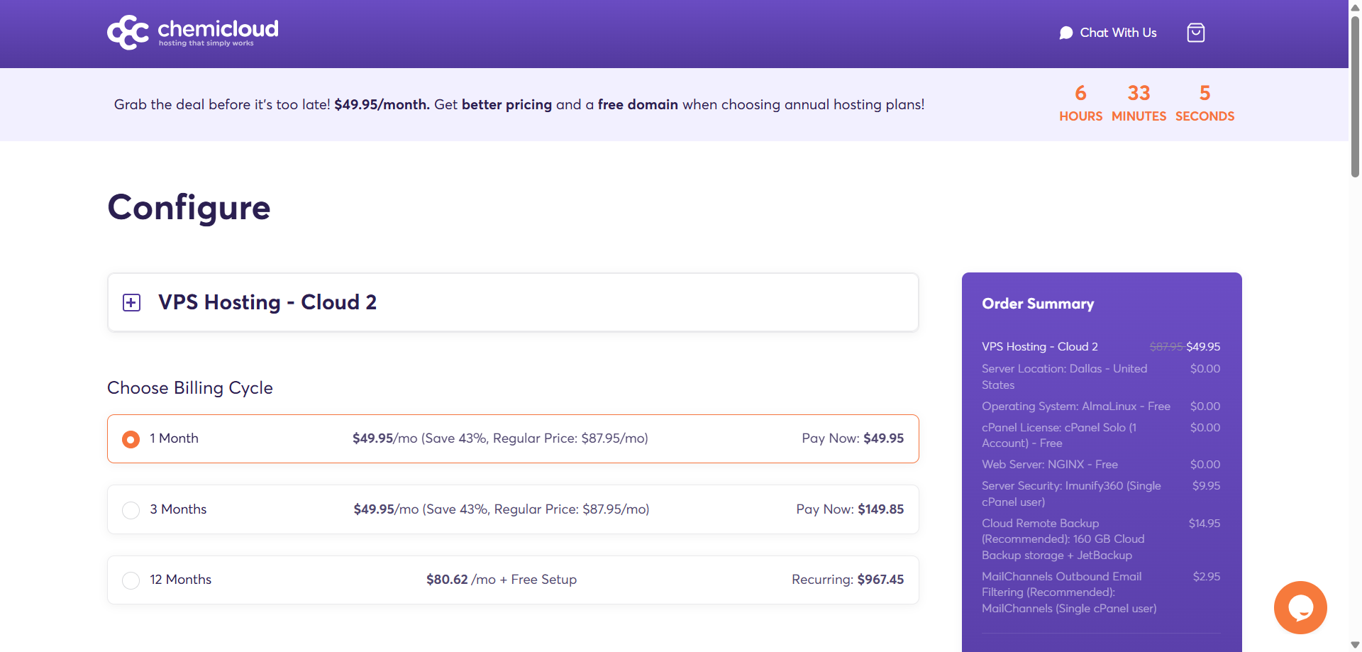 screenshot of Chemicloud's billing cycles