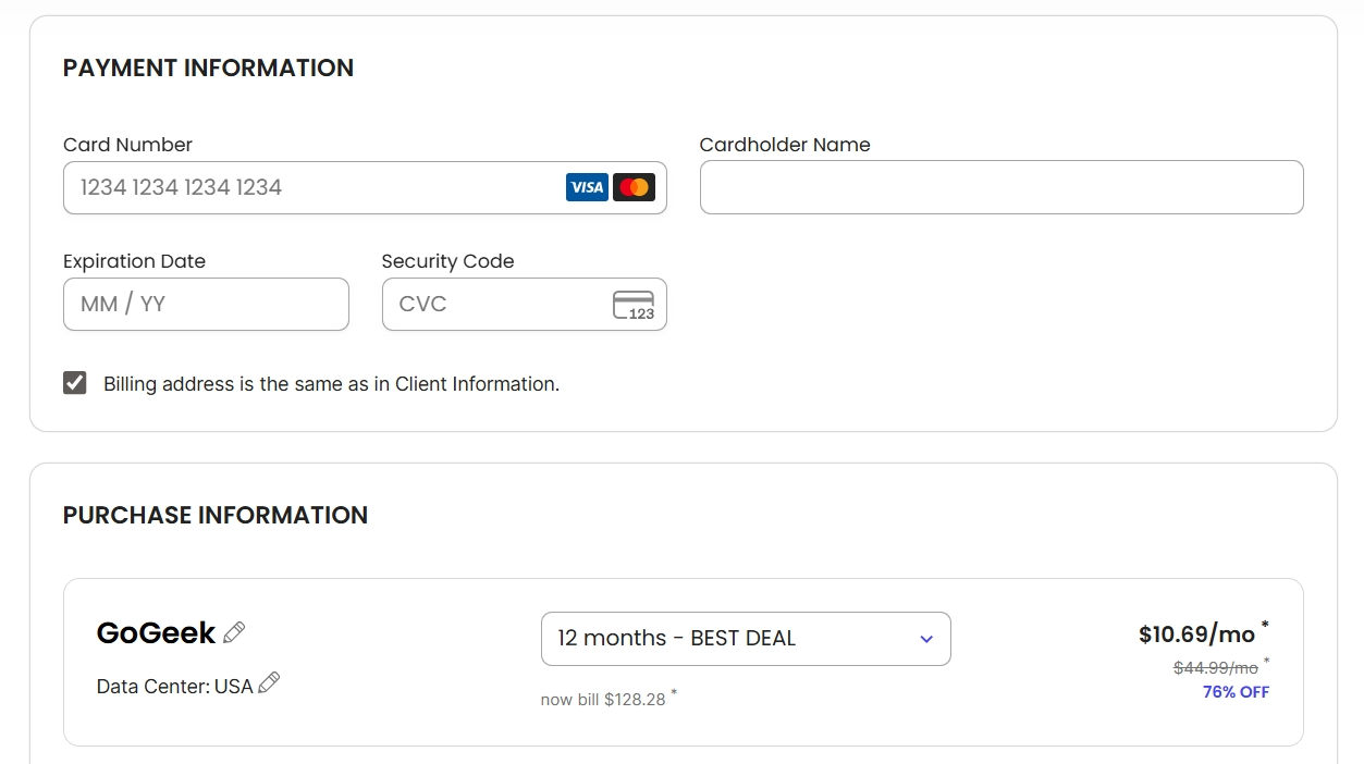 screenshot of Siteground payment information