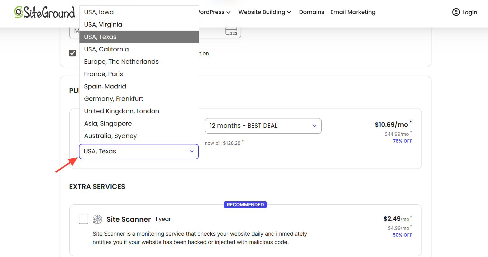 screenshot of Siteground server locations