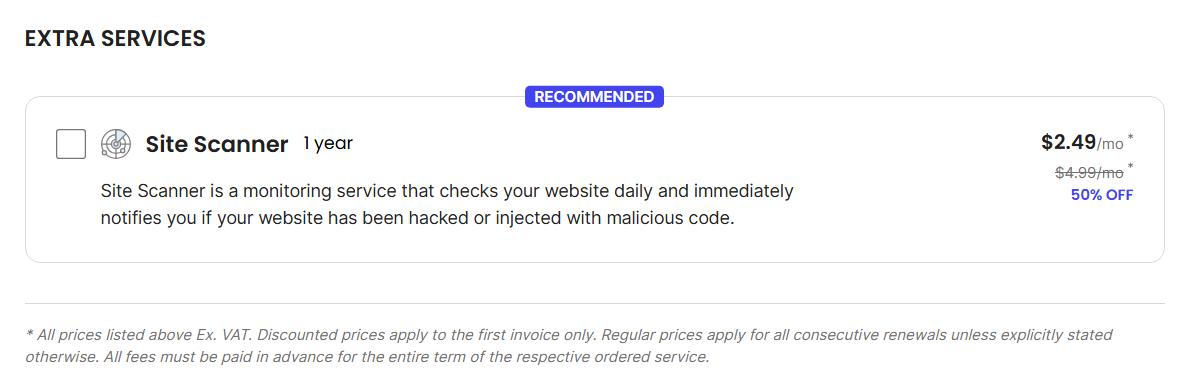 screenshot of Siteground Extra services