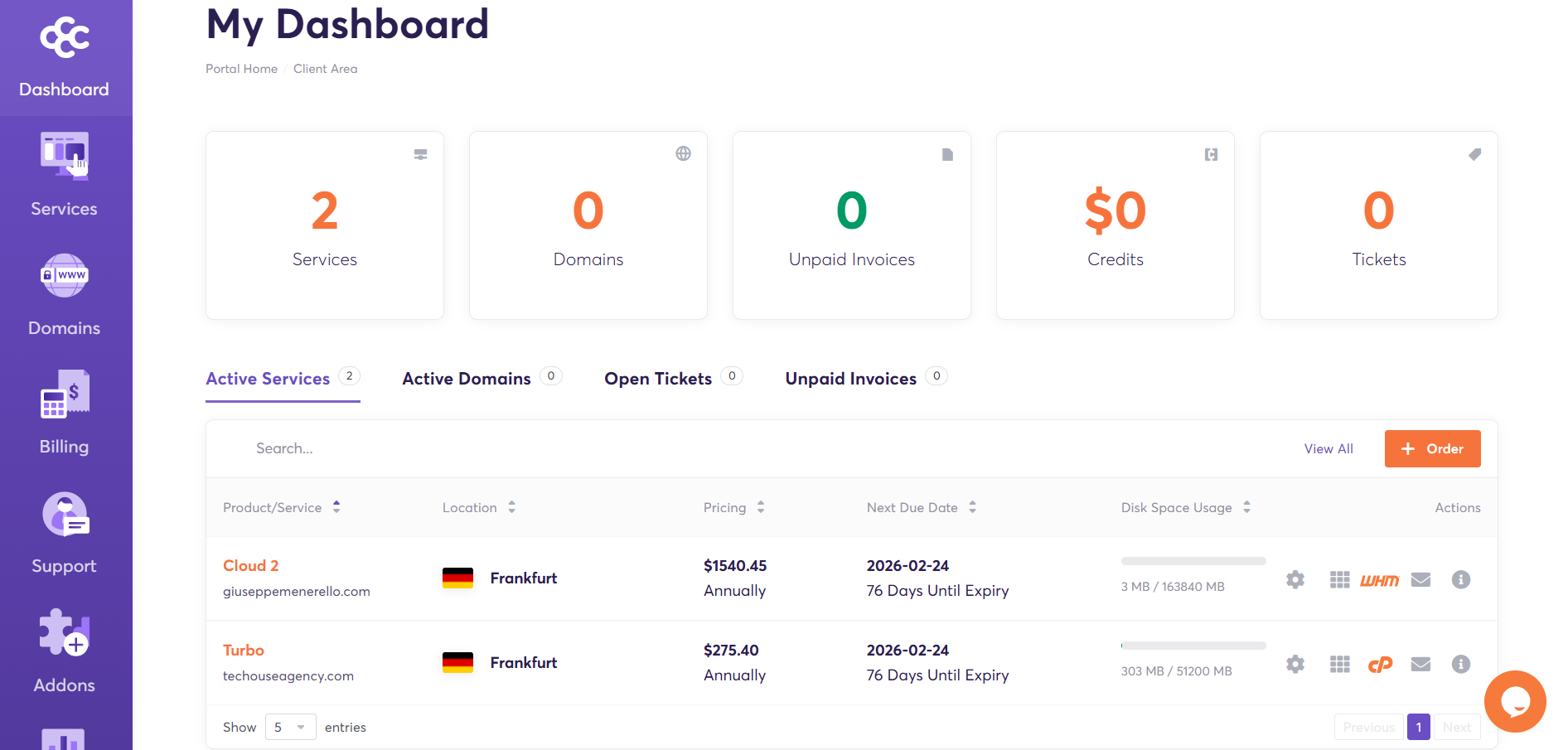 screenshot of Chemicloud dashboard
