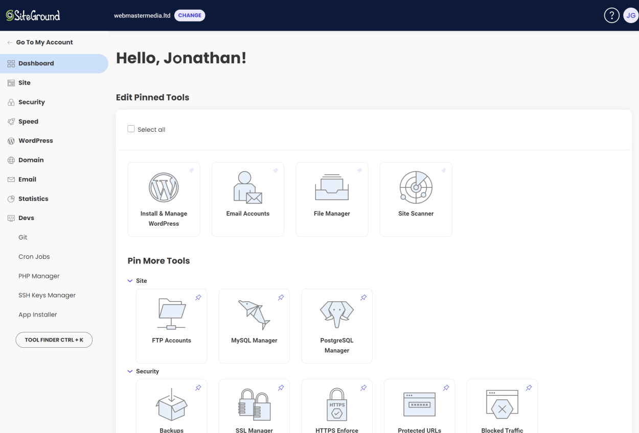 screenshot of Siteground dashboard