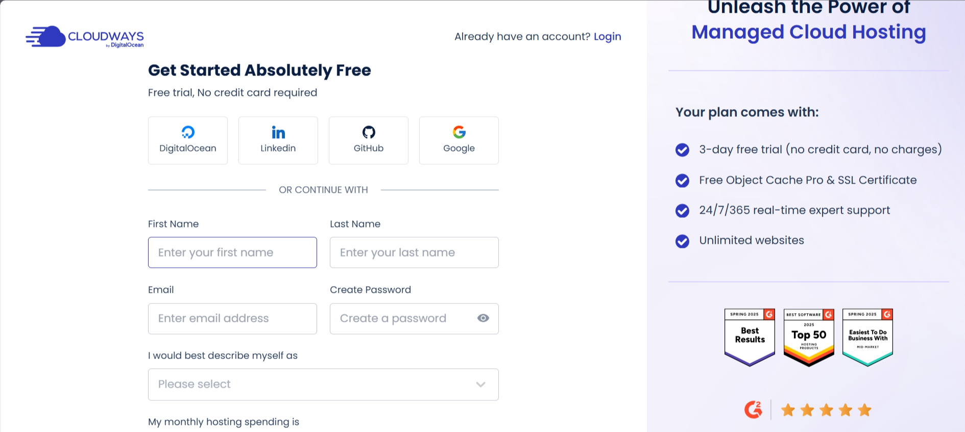 screenshot of Cloudways sign up form