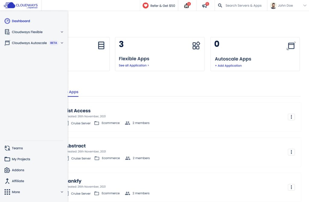 screenshot of Cloudways left side-bar