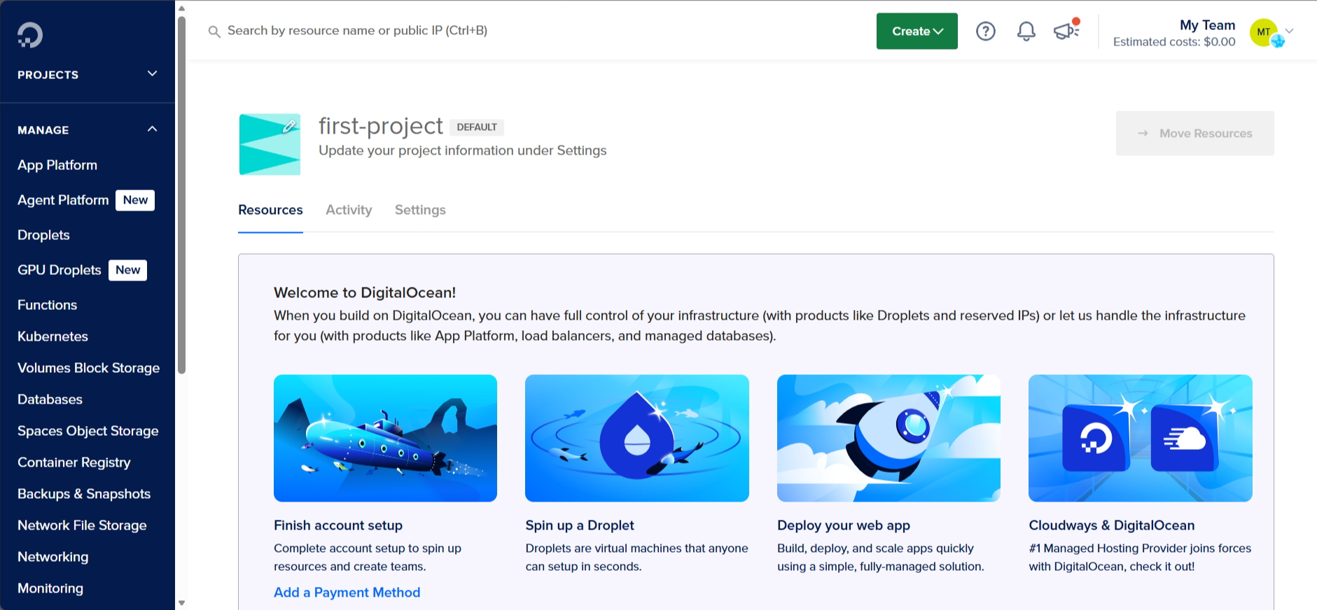 Digital Ocean dashboard