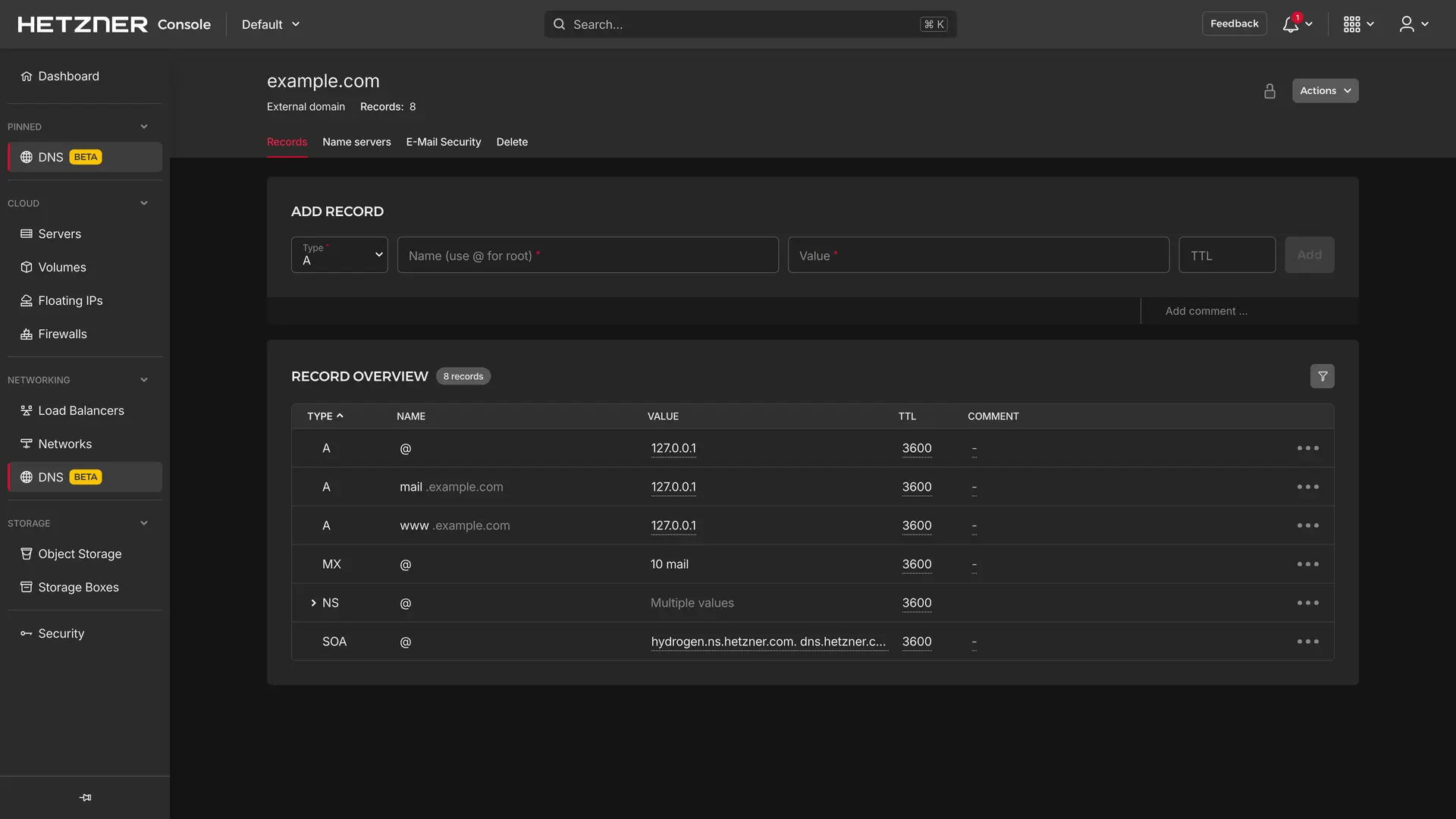 Hetzner dashboard