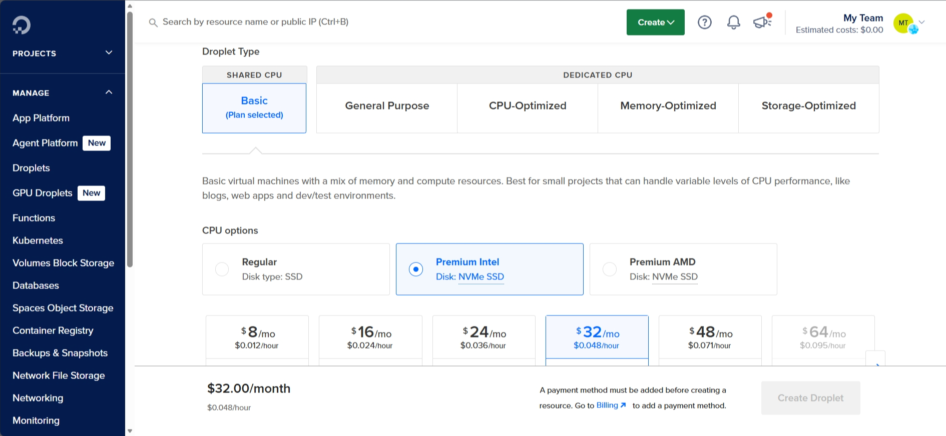 Digital Ocean CPU options