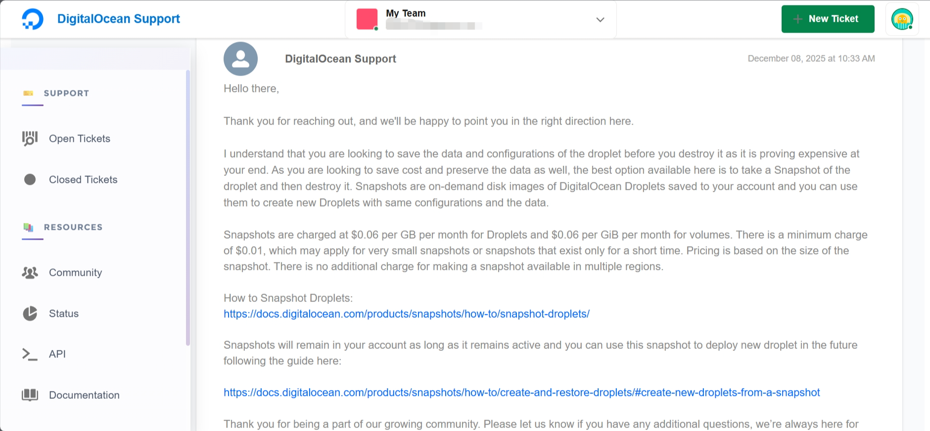 screenshot of Digital Ocean Support page