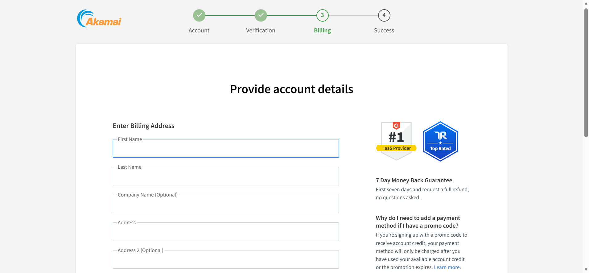 screenshot of Akamai account details
