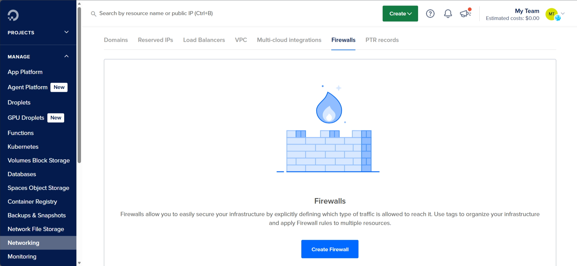 screenshot of DO Networking page