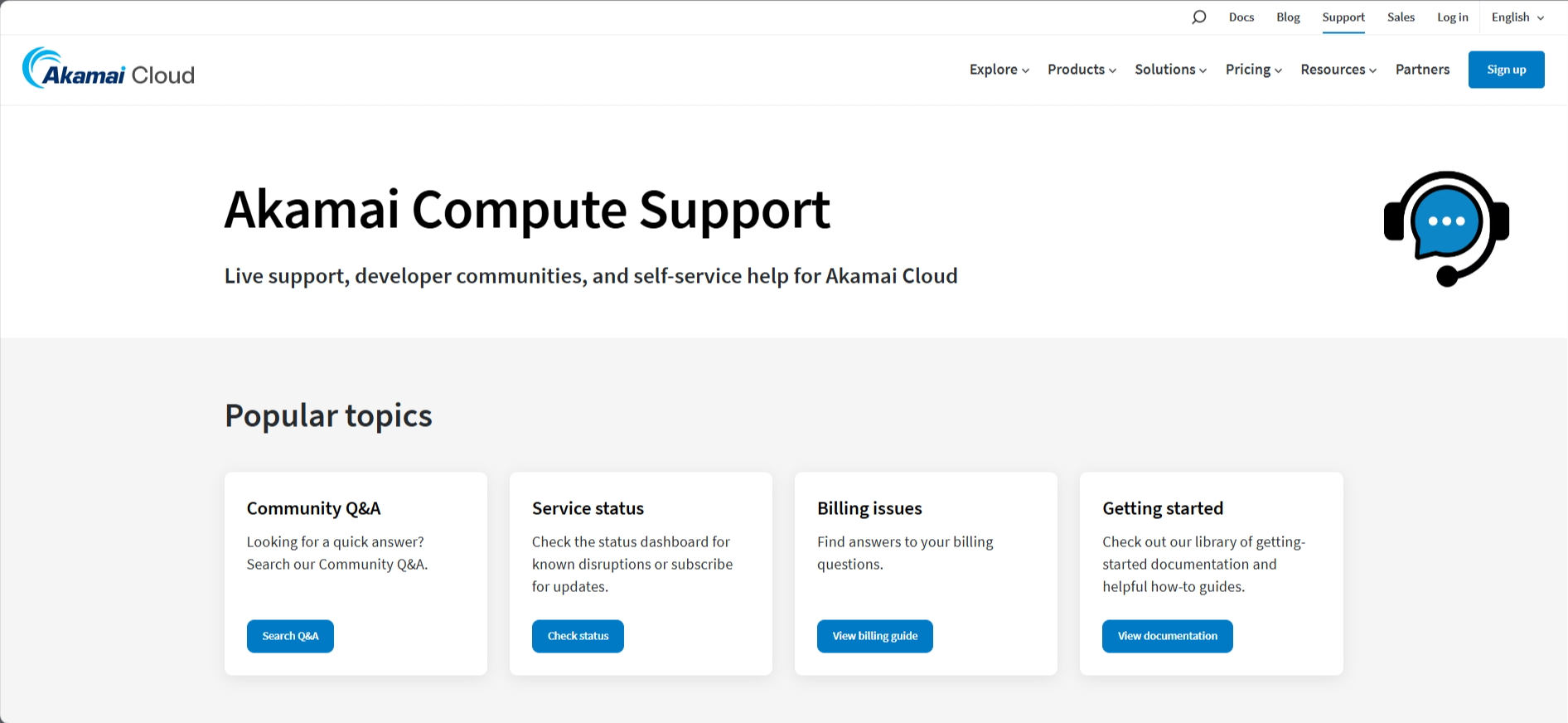 screenshot of Akamai Support page