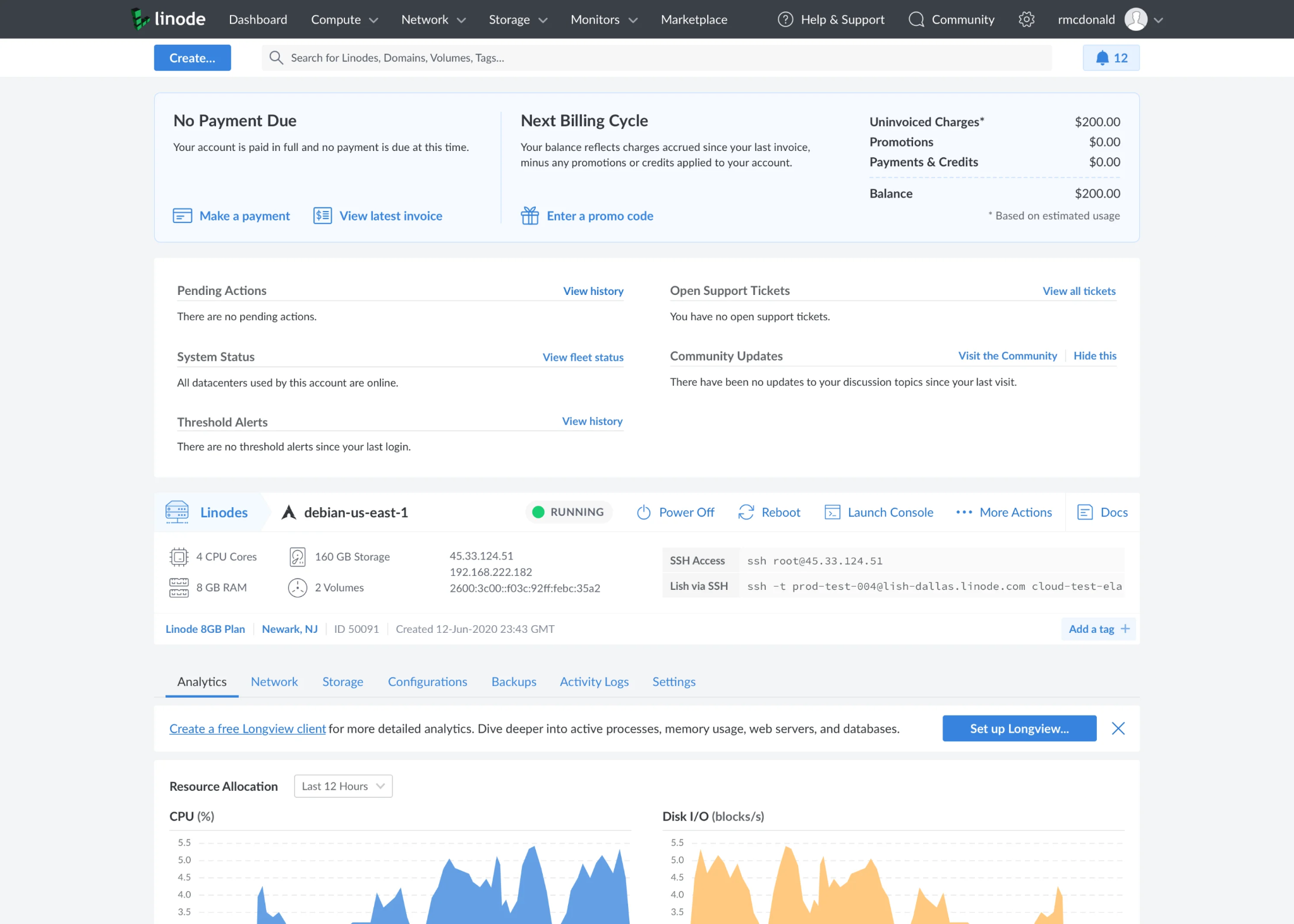 screenshot of Linode (Akamai Cloud) Cloud Manager