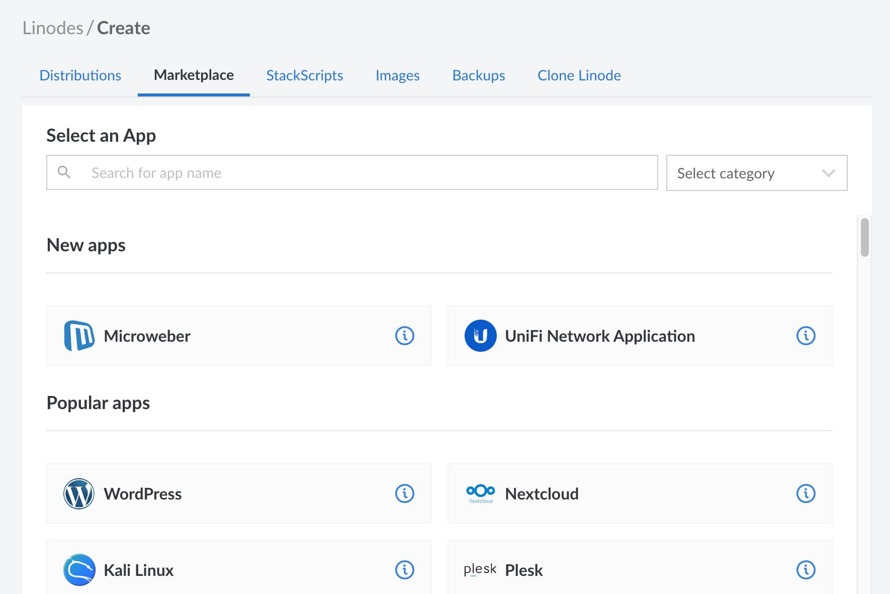 screenshot of Linode marketplace