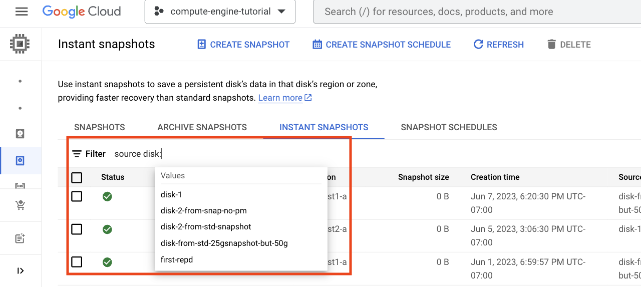 Google Cloud Platform Instant Snapshots filter and search tool