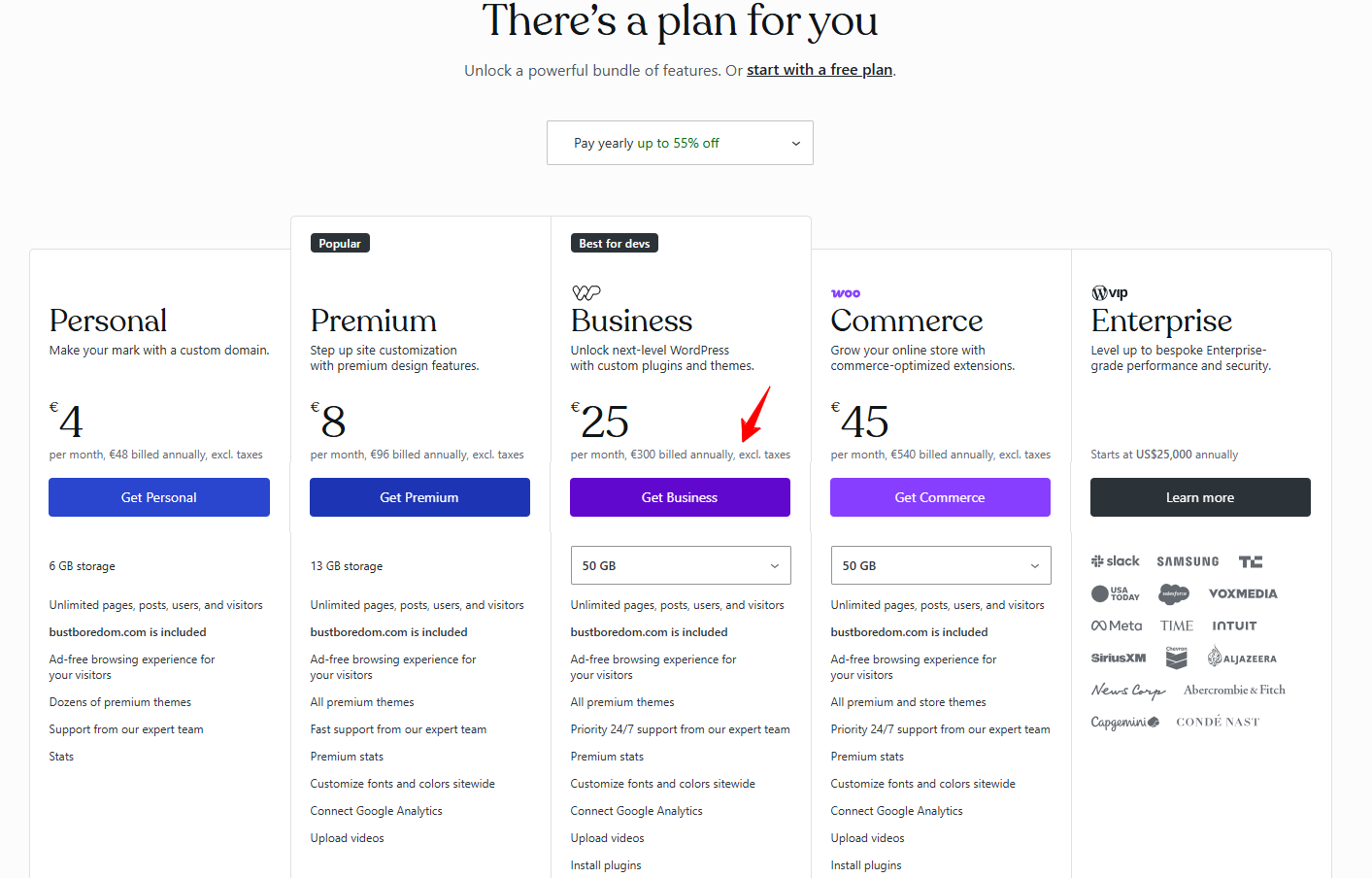 screenshot of Hosting plans