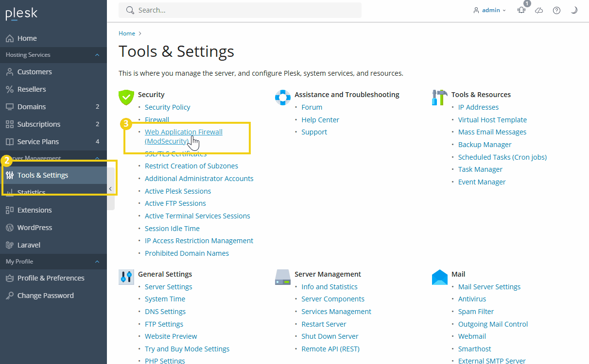 screenshot of the Plesk panel