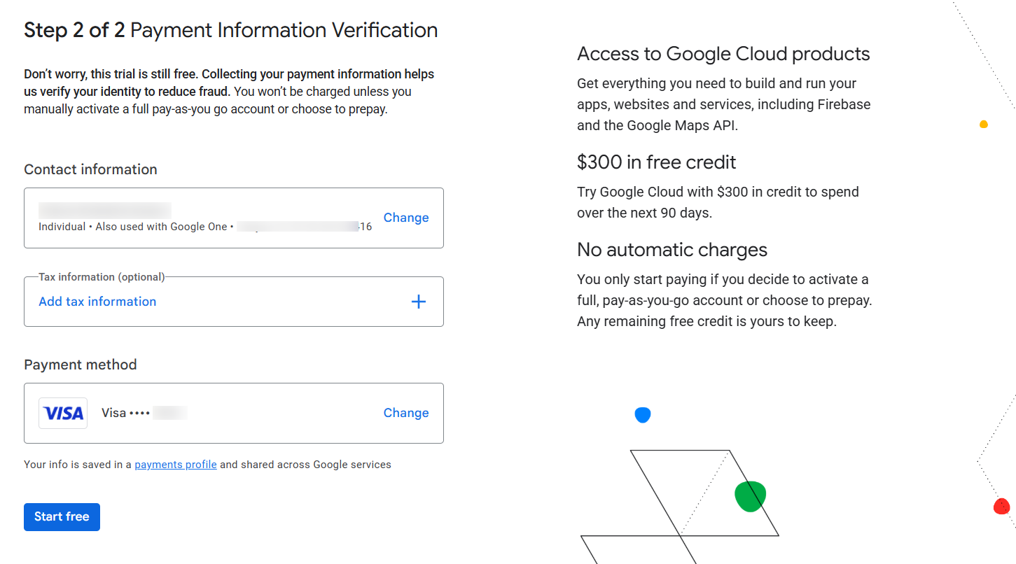 screenshot of GCP payment methods