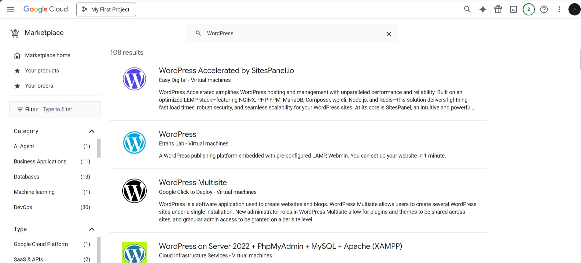 screenshot of GCP Marketplace