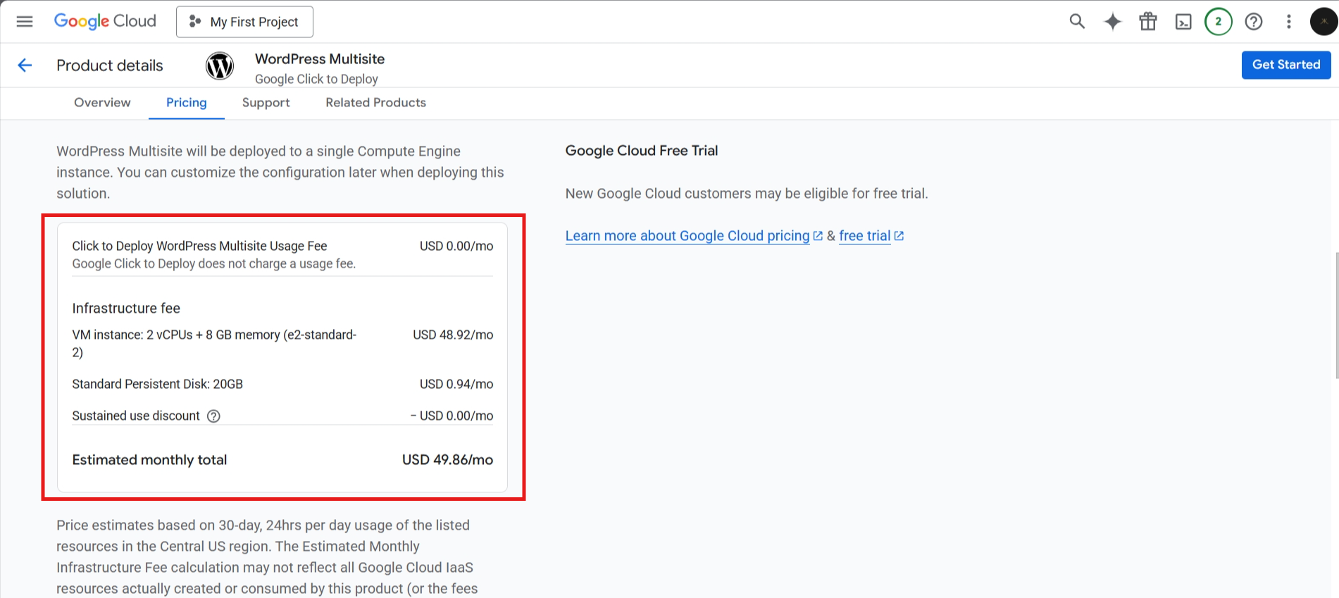 screenshot of GCP WordPress product details
