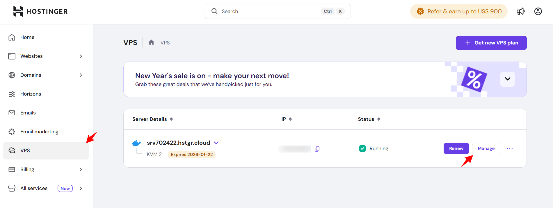screenshot of Hostinger dashboard