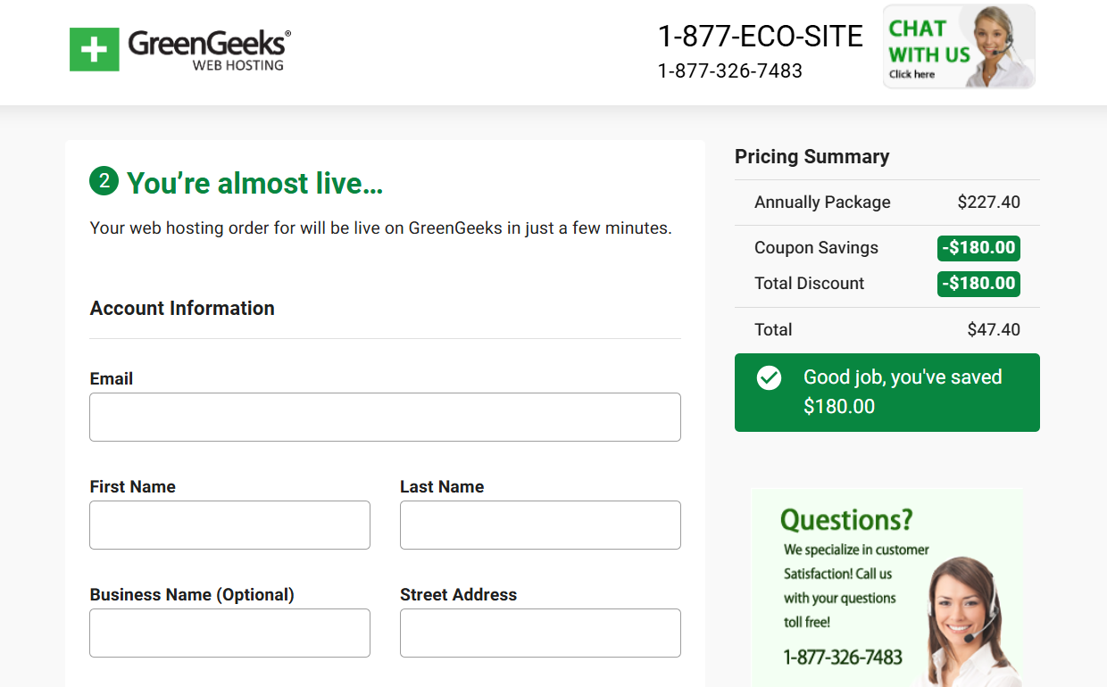 screenshot of GreenGeeks Account Information