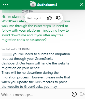 screenshot of GreenGeeks Live chat conversation